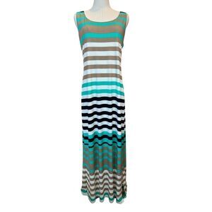 Jessica Howard NEW Size XL Sleeveless Striped Maxi Dress Turquoise, Black, Tan